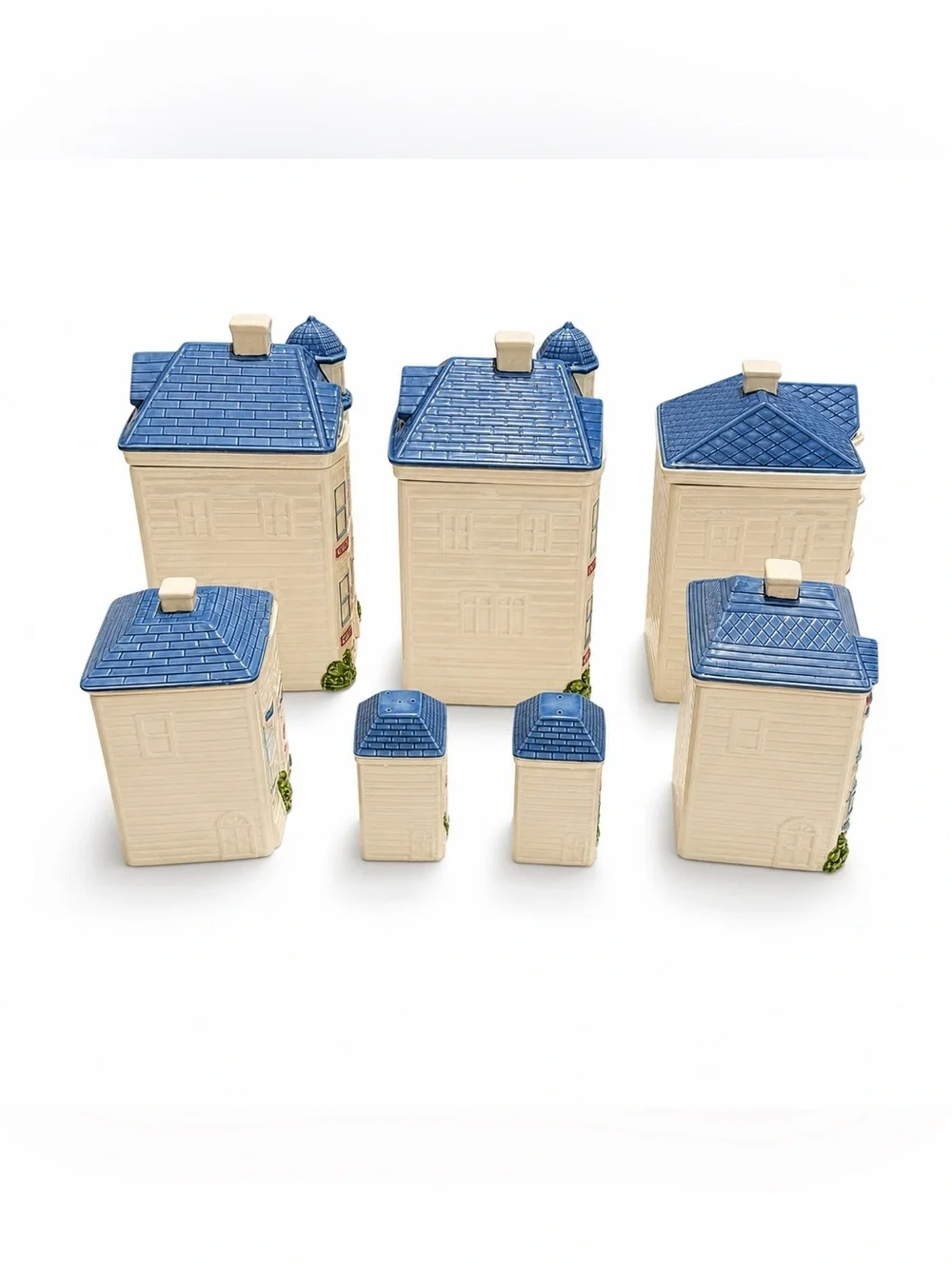 Vintage 1988 Hearth & Home Ceramic House Canister Set Blue Pink 7 Piece Kitchen